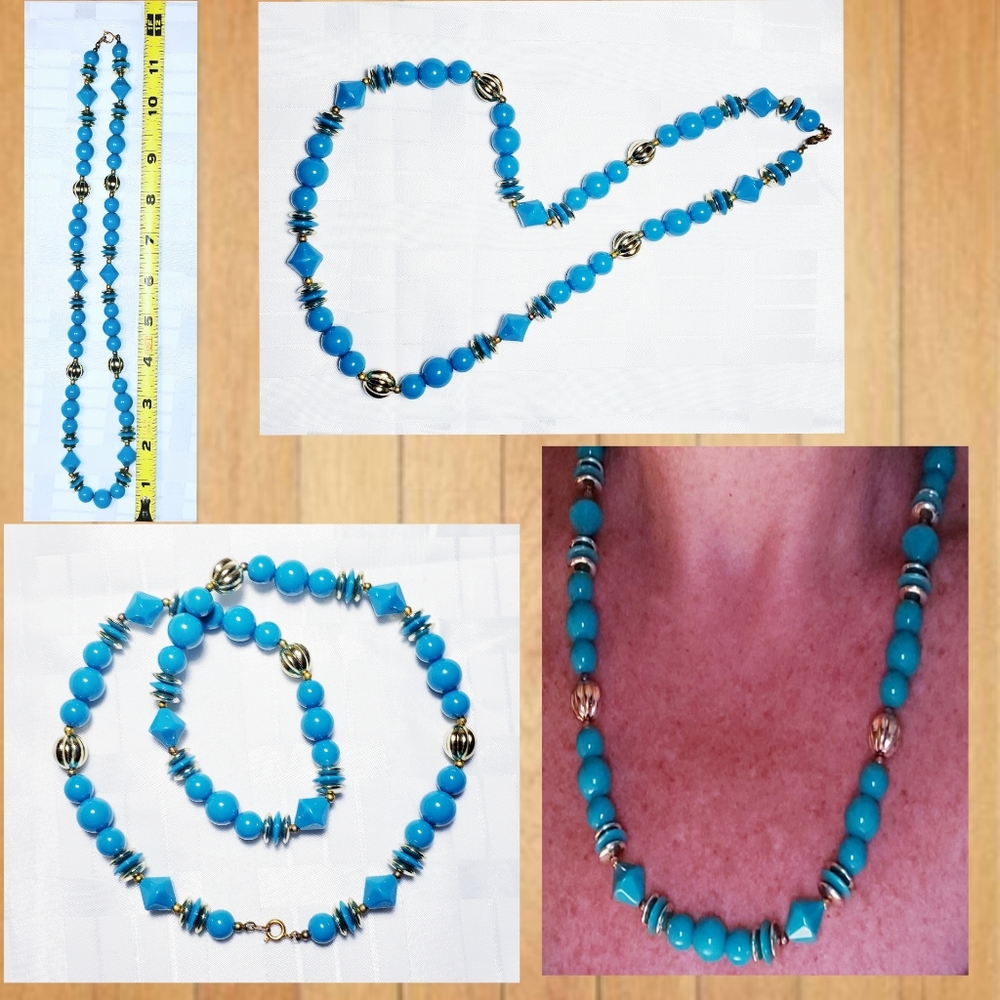 Acrylic Costume Jewelry Teal & Gold Tone Necklace